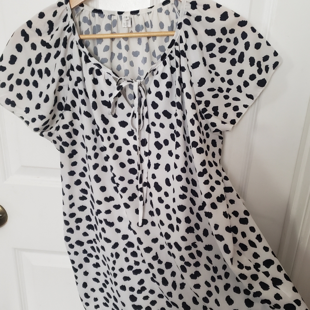 Black and White Dalmation Spotted Blouse Short Sleeve Semi Sheer Top Large